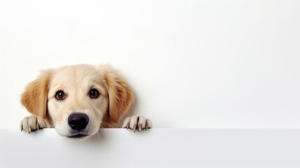 Wall Mural - Looks happy. Adorable golden retriever, cream color dog peeking out wall or corner isolated on white background. Concept of animal, pets, vet, friendship. Copy space for ad, design