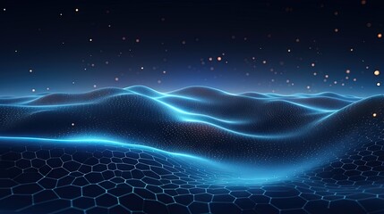 Fototapete - Futuristic glowing wave. The concept of big data. Network connection. Cybernetics. Abstract background of dots connected by lines. Digital landscape. 3d rendering.