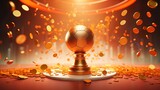 Fototapeta Sport - Podium with neon circle on background, champion cup, gold coins and sport balls in orange blurred scene