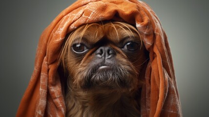 Wall Mural - brussels griffon dog after bath with towel wrapped around head. High quality photo