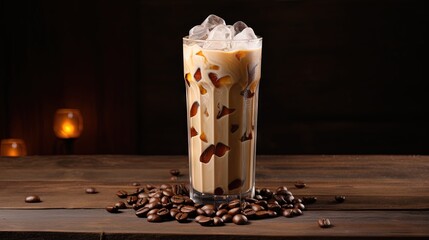 Poster - Ice coffee in a tall glass with cream poured over and coffee beans on a old rustic wooden table. Cold summer drink on a dark wooden background with copy space.