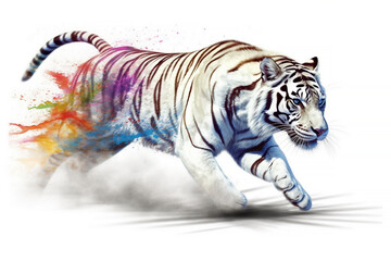 Wall Mural - Weißer Tiger - Elegante Raubkatze in Bewegung inmitten von Farben Splash