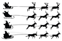 Vector Christmas Black And White Illustration With Santa Claus Riding His Sleigh Pulled By Reindeers