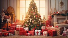  A Christmas Tree Surrounded By Presents In Front Of A Fire Place With A Christmas Tree In The Corner Of The Room.  Generative Ai