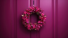  A Purple Door With A Pink Wreath Hanging On It's Side And Pink Flowers On The Front Of The Door.  Generative Ai