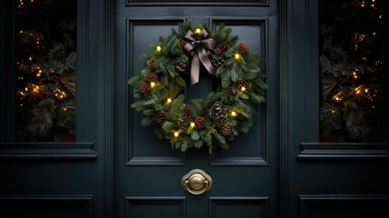 Wall Mural -  a green door with a wreath on it and lights on the side of the door and a bow on the front door.  generative ai