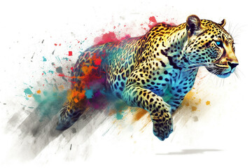 Wall Mural - Leopard - Elegante Raubkatze in Bewegung inmitten von Farben Splash