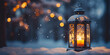 Lantern, snowfall, christmas decorationsai generated Christmas background, Christmas candle lantern in snowfall against blurred forest background. Christmas lantern, generative AI