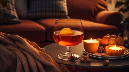 Wall Mural -  a glass of wine sitting on top of a table next to a plate with a slice of orange on it.  