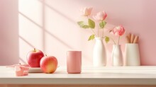  A White Table Topped With A Pink Vase Filled With Flowers And An Apple Next To A Pink Lip Balm. 