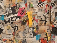 Collage De Recortes De Periódicos O Revistas, Fondo Grunge Colorido Con Graffiti