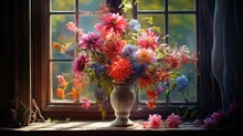  A Vase Filled With Lots Of Colorful Flowers Sitting On Top Of A Window Sill Next To A Window Sill.  Generative Ai