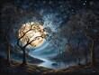 árboles a contraluz, cuyas ramas se extienden hacia la luna resplandeciente en el cielo nocturno estrellado