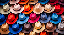 Top View Of Many Colorful Panama Hats On A Market Stall In Otavalo, Ecuador.
