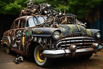 Wall Mural - An abandoned car from a junkyard, transformed into a creative art sculpture using metal and paint