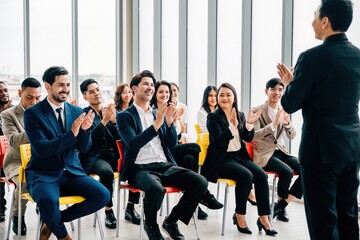 Wall Mural - Teamwork triumph Business colleagues applaud and cheer in an office space, celebrating the success of a new product. Clapping hands signify unity, motivation, and shared achievements.