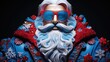  a close up of a statue of santa claus wearing red sunglasses and a blue suit with red and white trim.  generative ai
