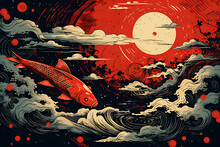 Art Of Life Koi Fish In Nature, Block Print Style Ai Generate