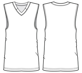 Wall Mural - Men's Basketball sleeveless T Shirt vest flat sketch fashion illustration drawing template mock up with front and back view. Basketball jersey Tank top cad drawing template