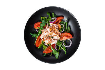 Wall Mural - Salad with roasted salmon fillet steak, fresh salad arugula and tomato in a plate.  Transparent background. Isolated