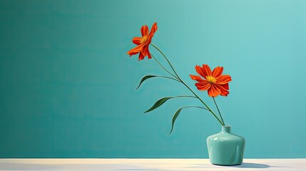  two orange flowers in a blue vase against a teal blue wall, with a green stem sticking out of the top of the vase.  generative ai