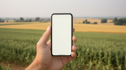 Mock-up smartphone in hand of rice farmer, concept for using tablet application in agricultre for rice or crops growing and rice trading
