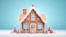  a gingerbread house decorated with icing and candy on a blue background with snowflakes and christmas trees.  generative ai