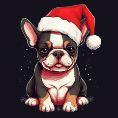 Wall Mural - cute kawaii small french bulldog puppy in santa hat for christmas postcard cartoon character style, generative AI