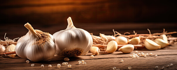 Fresh garlic cloves and bulbs on wooden table. Garlic banner