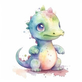 Fototapeta Dinusie - Cute watercolor dinosaur on white background. Green Dragon symbol of a New Year 2024. Watercolor illustration