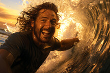 Surfer Carving A Wave At Sunrise, Water Droplets Glistening