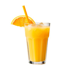 a glass of fresh orange juice with an orange slice and a straw isolated on a transparent background for a cafe or restaurant menu, a cold fruit beverage drink with ice cubes PNG