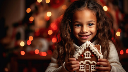 Canvas Print - A joyful girl holding a decorated gingerbread house with a big smile, surrounded by Christmas lights and festive decorations in a cozy indoor setting.