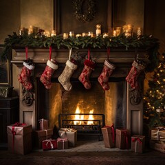 Poster -  a fireplace decorated for christmas with stockings and stockings hanging from the mantle and presents under the stockings on the mantel.  generative ai