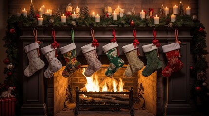 Poster -  a fireplace with stockings hanging from it's mantle and lit candles in front of a fireplace with christmas stockings hanging from it's mantle.  generative ai