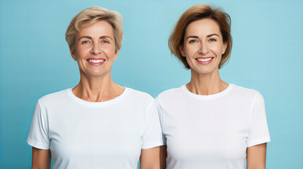 portrait of two middle-aged, smiling women wearing white t-shirts. they are looking at the camera, l