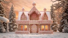  A Pink And White Gingerbread House In The Middle Of A Snowy Forest With Trees And A Sunset In The Background.  Generative Ai
