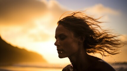 Wall Mural - Young woman emerging from the sea on a beach