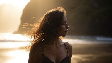 Wall Mural - Young woman emerging from the sea on a beach