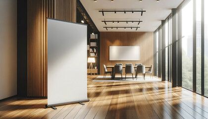 Wall Mural - pull up banner mockup stands in the lobby. blank roll up poster stands in elegant hallway interior