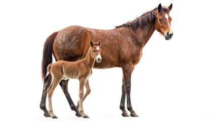 Poster -  a mother horse and her foal standing in front of a white background with a soft shadow of the foal.  generative ai