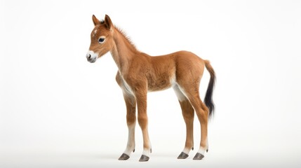 Poster -  a brown horse standing on top of a white floor next to a black and white stripe on the side of it's leg.  generative ai