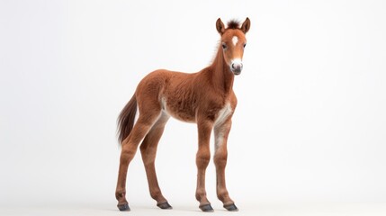 Poster -  a small brown horse standing on top of a white floor next to a black and brown horse on a white background.  generative ai