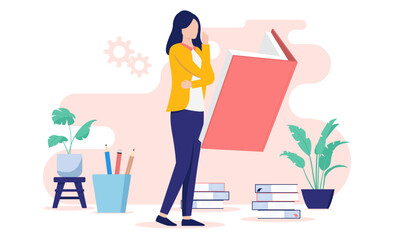 Fototapete - Woman studying reading book - Female person standing, thinking and learning from literature books indoors. Self education concept in flat design vector illustration with white background