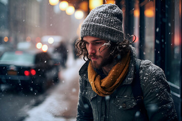 young man in yellow scarf and knitted hat walking down the street in snowy weather