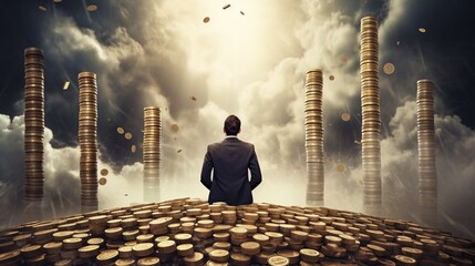 a person surrounded by piles of currency, symbolizing the challenges of preserving wealth in an infl