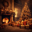 Boże Narodzenie, kartka świąteczna z choinką, prezentami przy kominku. Ai generative