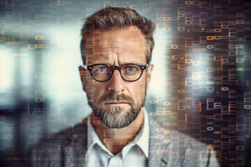 business businessman office meeting man portrait digital technology code computer internet information cyber binary security communication generative ai