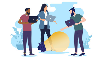 Fototapete - People with idea - Brainstorming business people working and looking at big light bulb holding laptop computers. Innovation concept in flat design vector illustration with white background