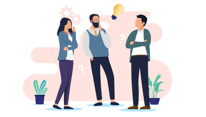 Fototapete - People thinking and contemplating - Team of three characters in casual clothing standing brainstorming and coming up with solution together. Flat design vector illustration with white background